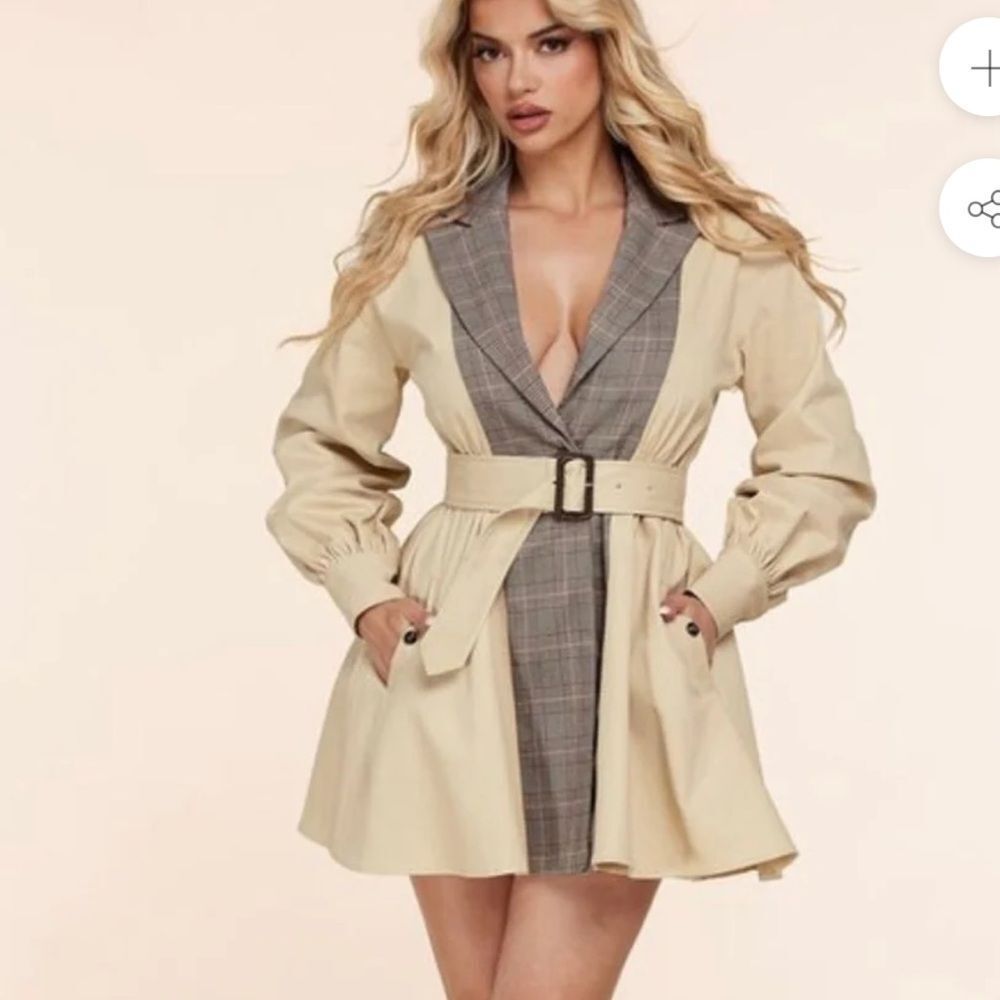 L’ATISTE Tan Plaid Belted Mini Trench Coat | Size L